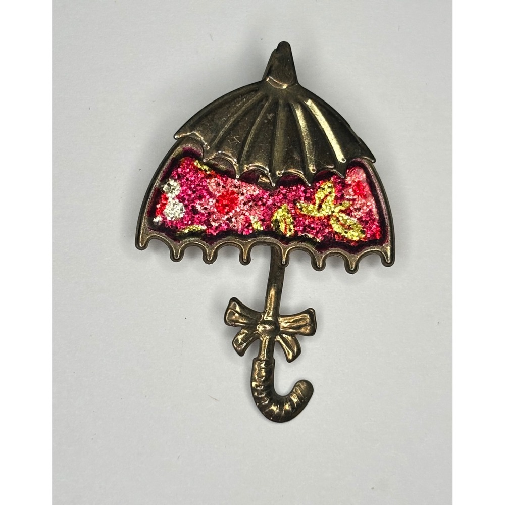 Vintage Umbrella Brooch Brass Tone Whimsical Pink Gold Glitter Resin Parasol